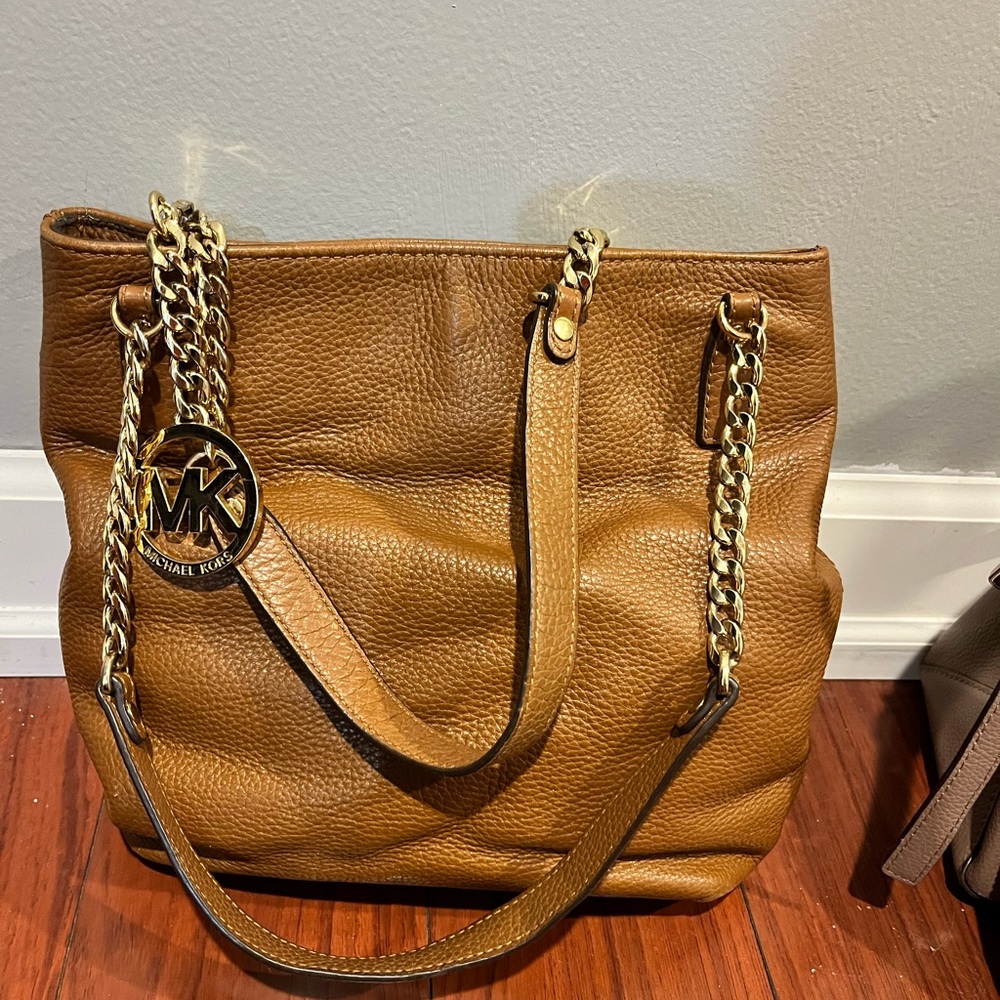 Michael Kors Tan and Gold Leather Shoulder Bag with Chain Straps